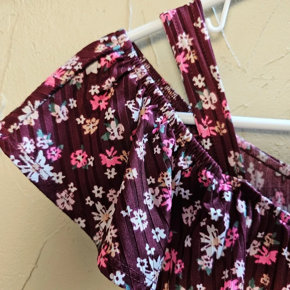 Justice Girls Floral Ribbed Jumpsuit Burgundy Maroon‎ Ruffle Wide Leg Size 12/14
